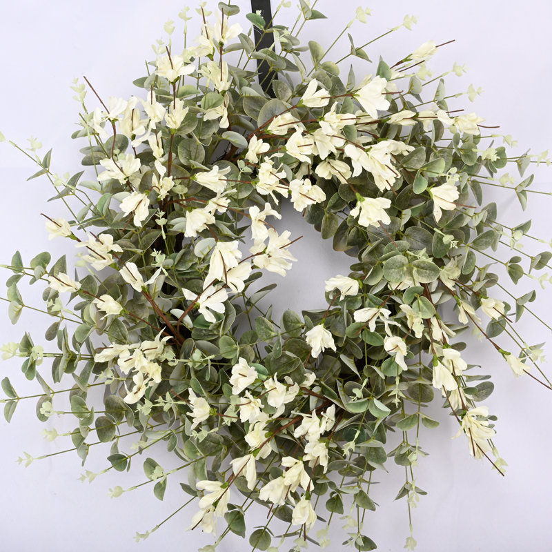 26" Eucalyptus Blossoms Cluster Floral Wreath for Front Door, White