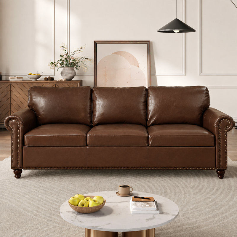 80" Faux Leather Rolled Arm Sofa with Storage, Chocolate Brown
