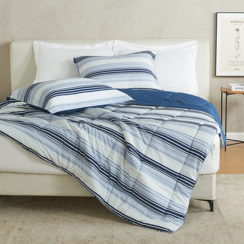 King Size Blue Gradient Stripe Reversible Microfiber Comforter Set