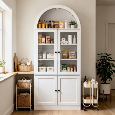 71 ″  Arched Top Storage Cabinet, Modern Freestanding Display Cabinet with Tempered Glass Doors, Soft Close Hinges and 5-Tier Shelves, Multi Purpose Organizer Cabinet for Bathroom, Living Room, Dining Room and Study, White