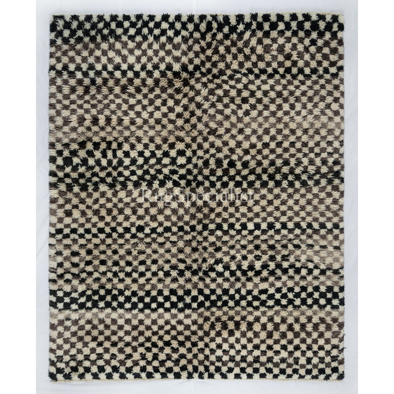 Tapis Tulu à carreaux fait à la main en beige, 100% laine douce