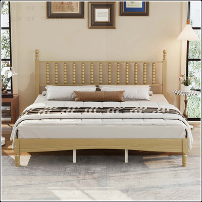 King Size Retro Platform Bed with Gourd Shaped Headboard and Wooden Slats