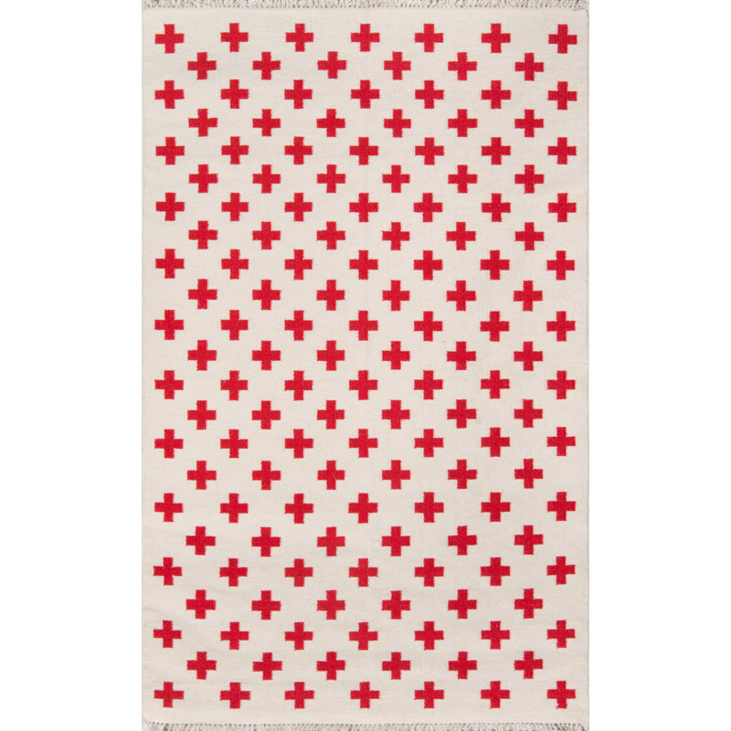 Tapis ivoire / rouge en laine tissé à plat à la main Topanga, Rectangle 7 pi 6 po x 9 pi 6 po