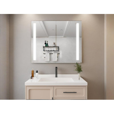 Armoire à pharmacie 36 po x 30 po avec miroir de coiffeuse à DEL, anti-buée, à intensité variable, encastré ou en surface, armoire de salle de bain à double porte en aluminium avec éclairage 3000K ~ 6000K et interrupteur tactile