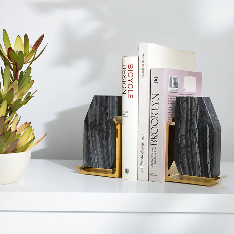 Fim Marble Non-Skid Bookends, Gray/Gold
