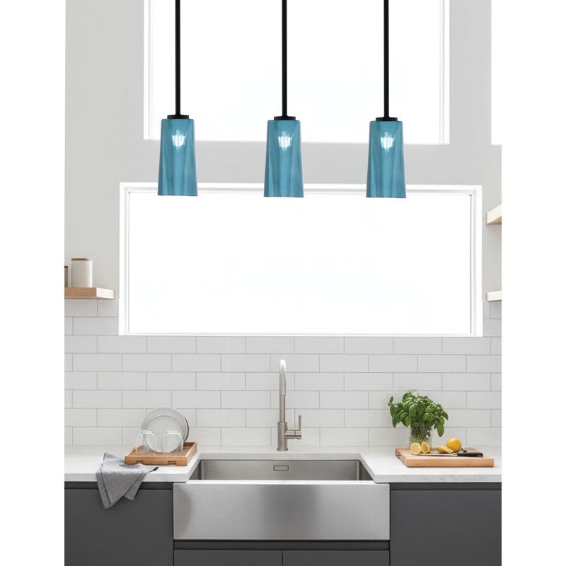 Mini suspension Nicomedes Stem présentée en finition noir mat avec verre dégradé bleu de 12,7 cm (L) x 24,8 cm (H).