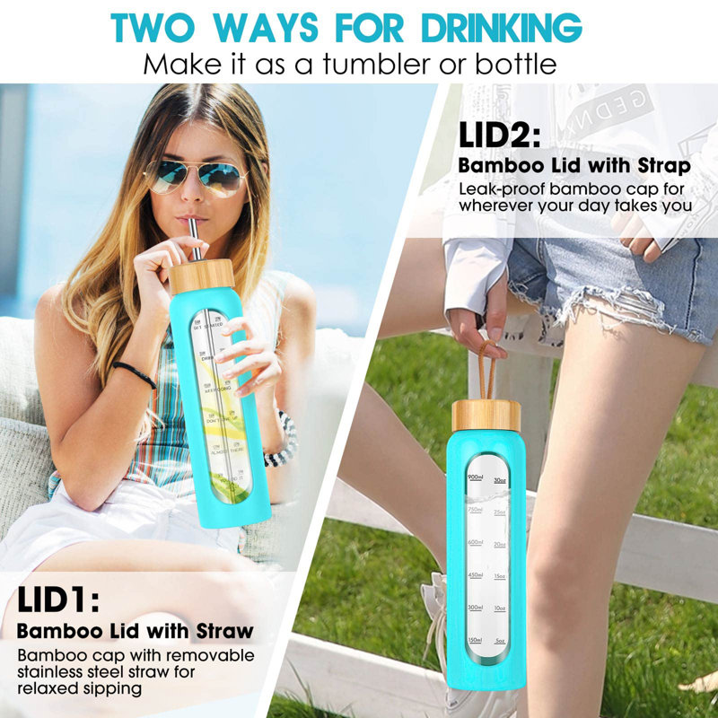 LoochMee 32oz. Glass Water Bottle, Aqua