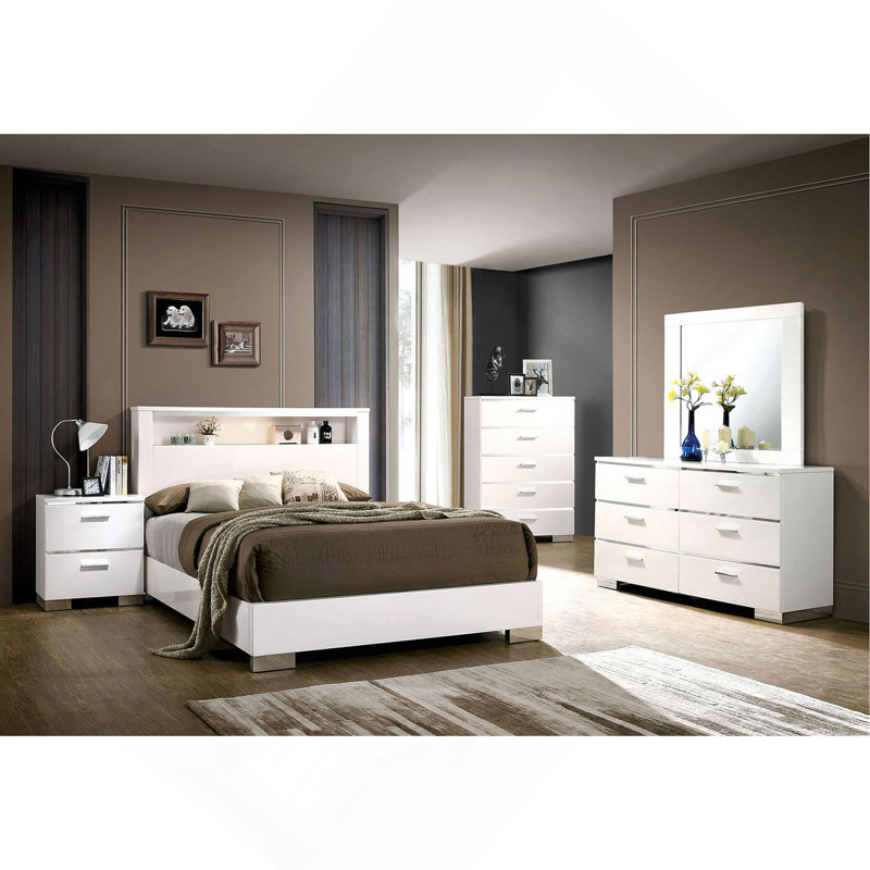 Commode 1 pièce à 5 tiroirs de style contemporain avec accents chromés à revêtement ultrabrillant