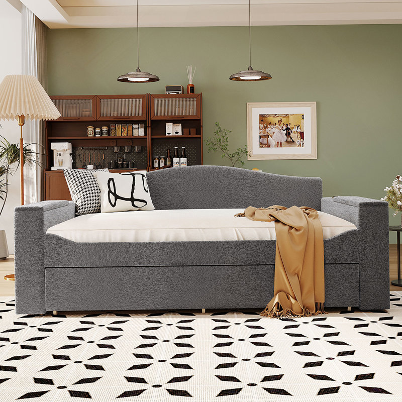 Upholstered Daybed with Storage Armrests, Trundle and Latest Integrated Bluetooth Audio System, Beige, Full