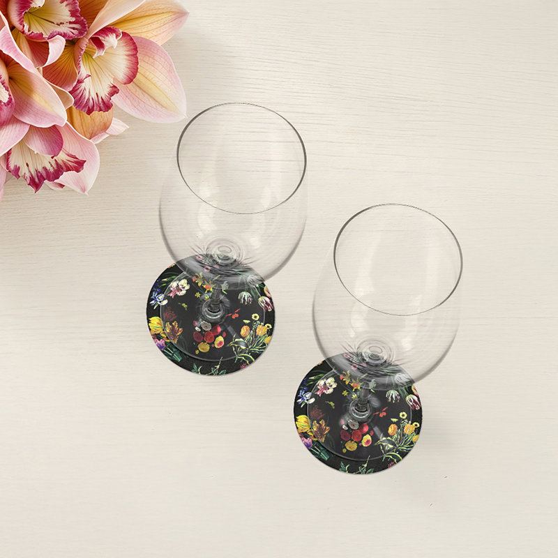Flora Fauna Black Vegan Leather Round Coasters, Black