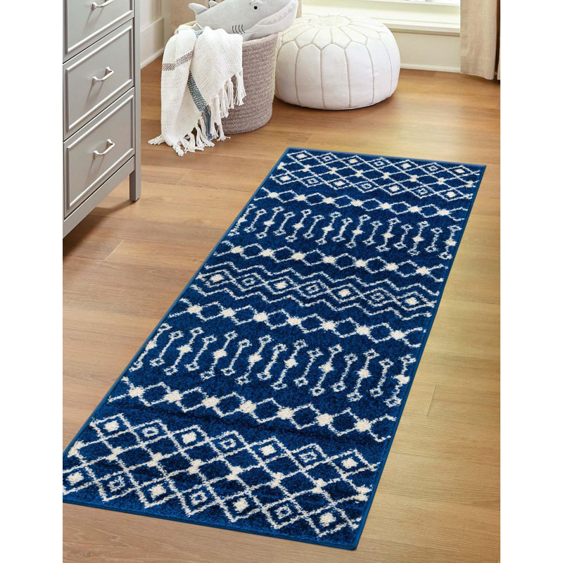 Tapis bleu / blanc en chenille / polyester tissé à la machine Briehn, Tapis de couloir 2 pi x 8 pi
