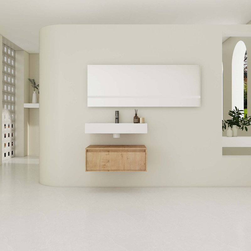 Meuble-lavabo mural de 30 po avec lavabo en résine, tiroir à fermeture en douceur et fixation à flotteur, Imitation chêne