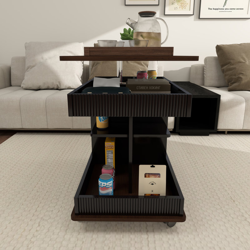 Adjustable End Table With Wheels,Modern Side Table With 360°Rotating Top And Storage Space, Black
