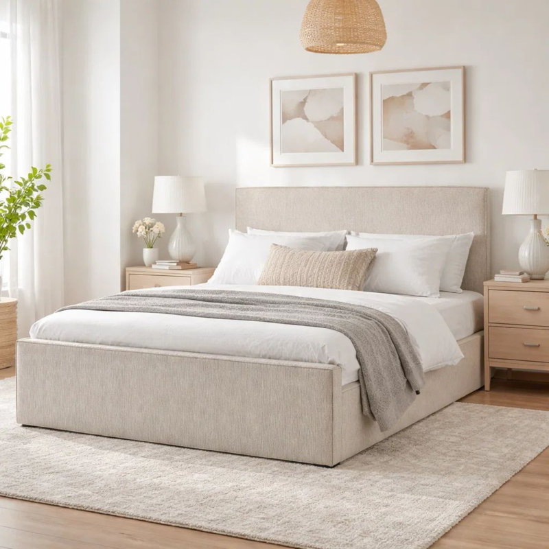 Zely Queen Size Bed With Tall Headboard, Textured Ivory Upholstery