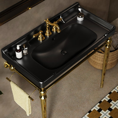 Lavabo de salle de bain 36 po, meuble-lavabo en céramique noire avec 3 trous de robinet, pieds autoportants en acier inoxydable et porte-serviettes, lavabo robuste de qualité garantie, cintre, construction