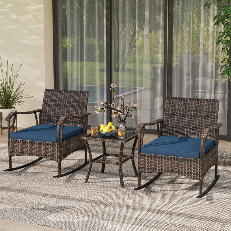 3 Pieces Rocking Bistro Set Outdoor PE Wicker Conversation Set With Cushions