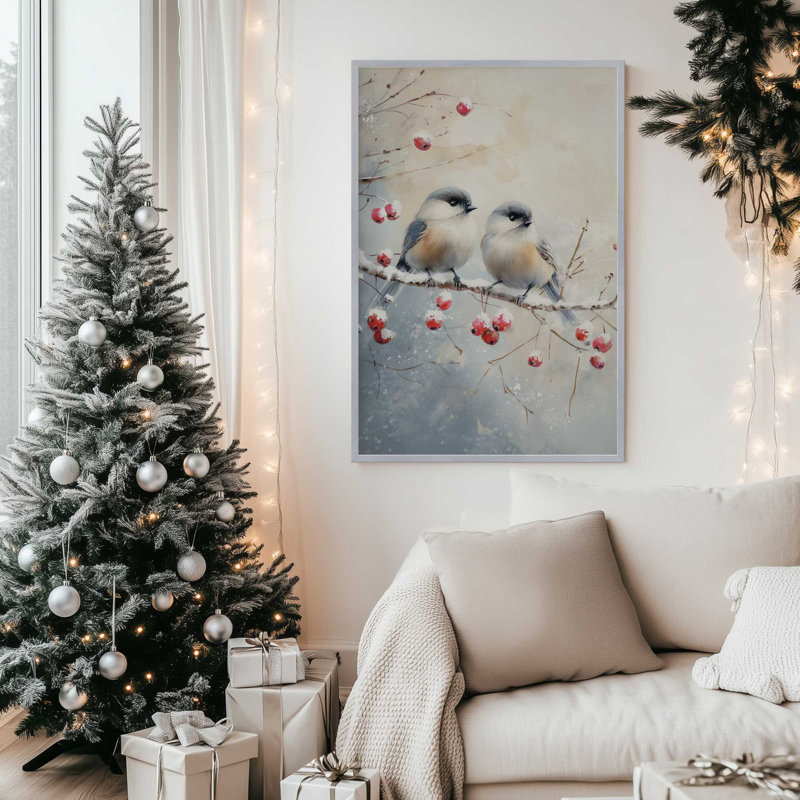 Deux oiseaux chanteurs d'hiver, reproduction d'art, 18 po x 24 po, Noyer