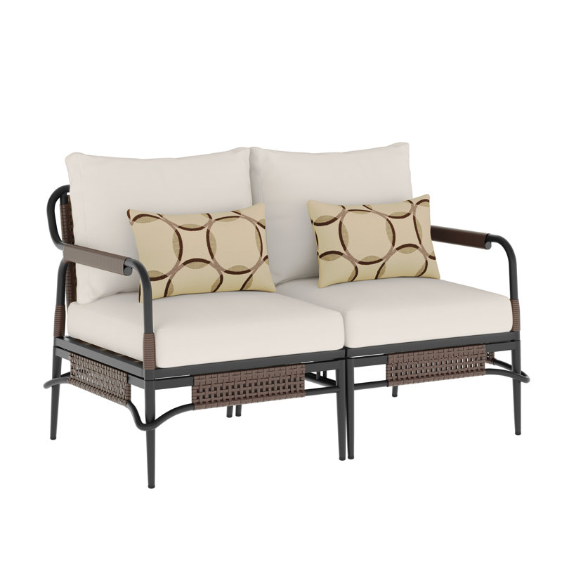 Fern Aluminum & Wicker Outdoor Loveseat with Cushions & Sunbrella Pillows, Dark Gray Frame/Beige Cushion
