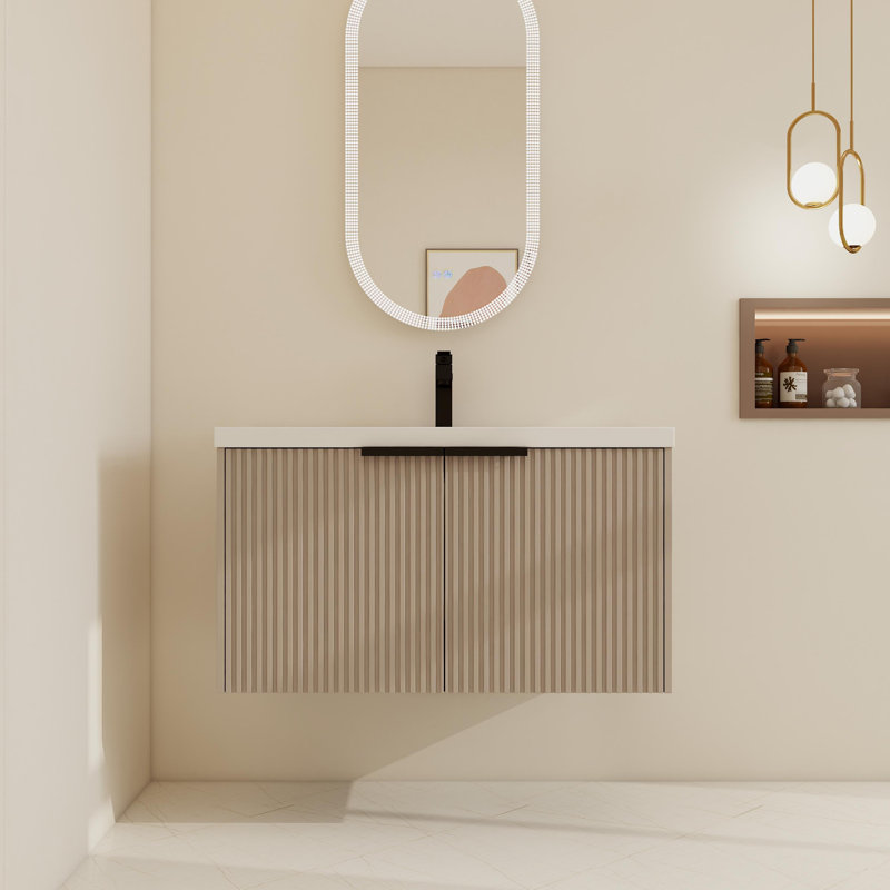 36" Wall-Mounted Single Bathroom Vanity Set with Resin Top, Khaki