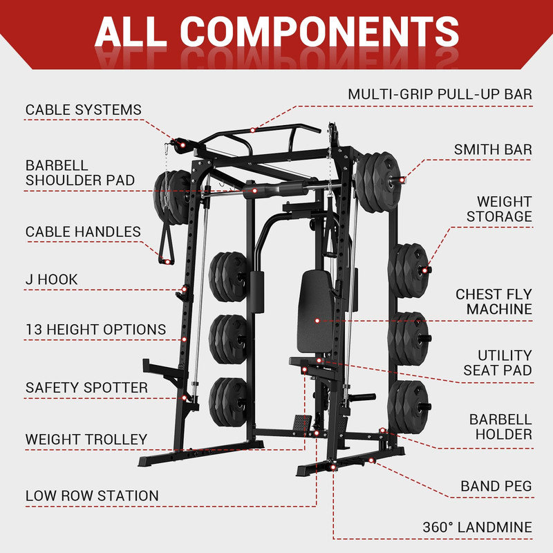 2000LB Multi-Function Smith Machine Home Gym with Cable Crossover & LAT Pulldown