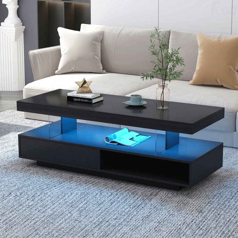 Table basse moderne à DEL avec 2 tiroirs et tablettes, Noir