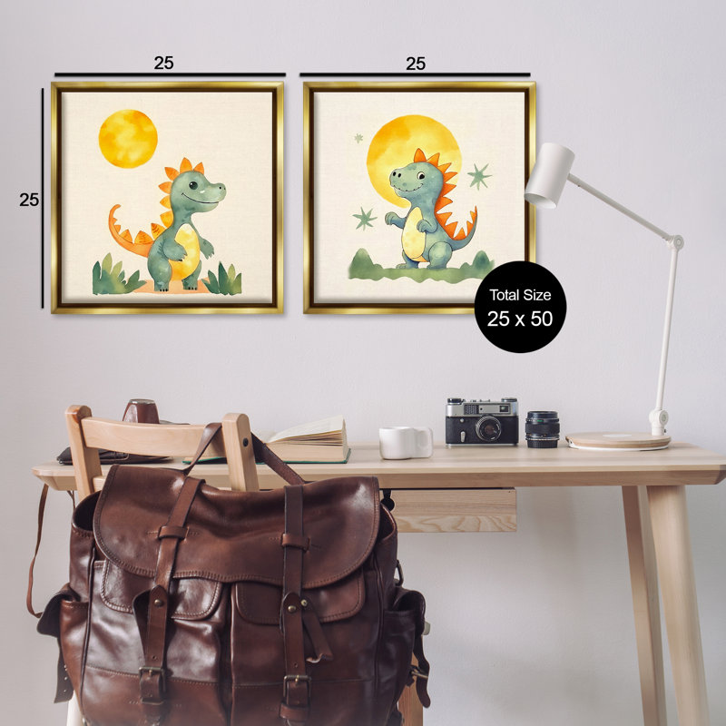  «Happy Dinos & Moon», ensemble de 2 toiles flottantes encadrées par Andrea Haase, H 25 po x l 25 po