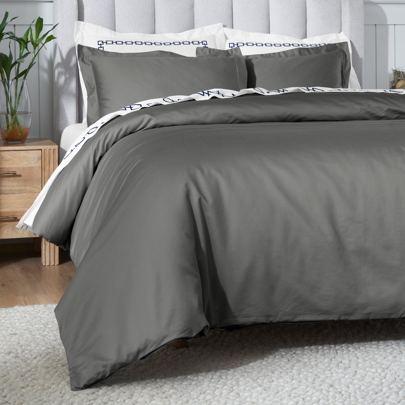 Egyptian Cotton Duvet Cover Set, Gray, Full/Queen Duvet Cover + 2 Pillow Sham