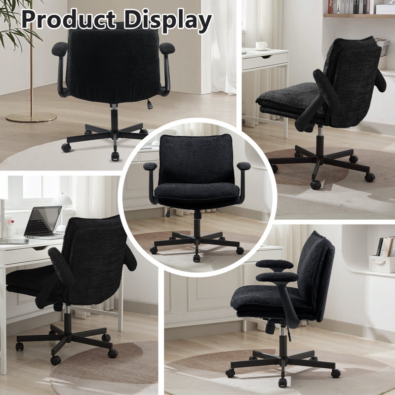 Cross-Legged Teddy  Office Chair With Flip up Armrest &Wide Seat，Ergonomic Fabric Home Office Chair , Black