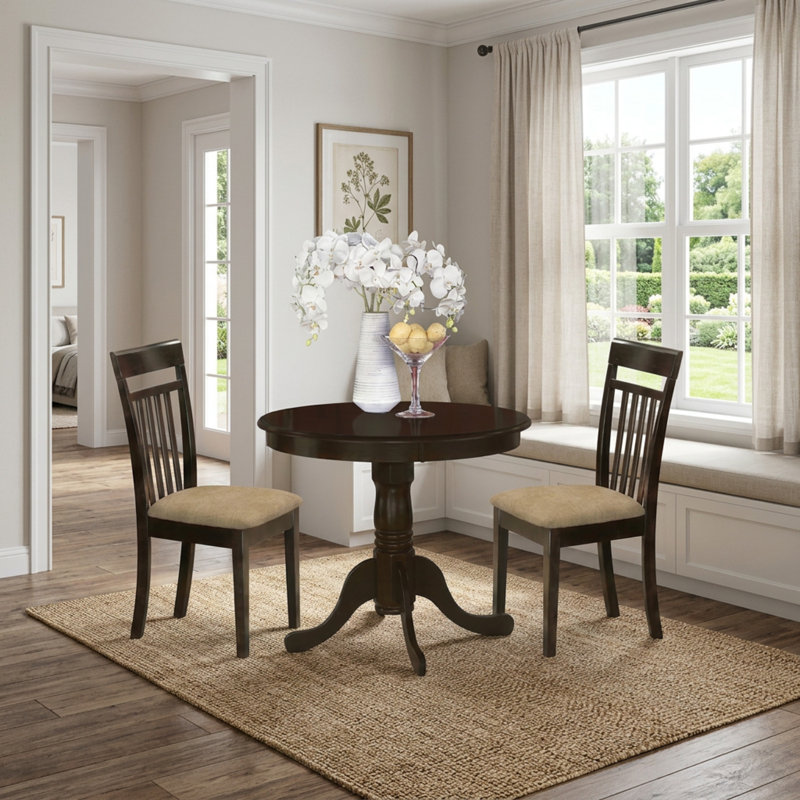 Ensemble de table à manger ronde cappuccino sur pied central, 3 pièces, avec chaises à assise rembourrée