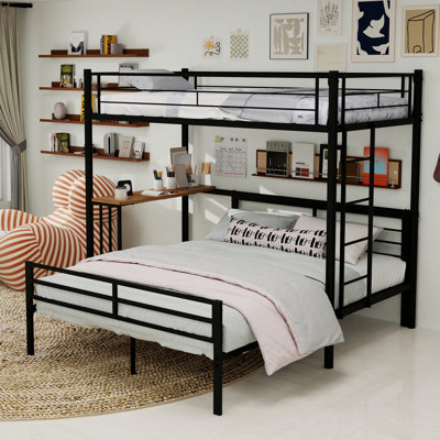 Structure de lit superposé simple au dessus d'un lit double en métal robuste avec échelle et tablettes intégrées, conception peu encombrante, fabrication durable et robuste, idéale pour les familles et les appartements, finition noire, simple / double