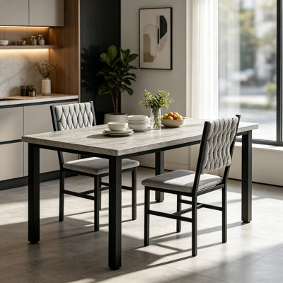 3-piece Dining Room Table And Chairs Set, Faux Marble Kitchen Table With 2 Velvet Upholstered Chairs, 2-person Rectangle Small Dinner Table Set For 2