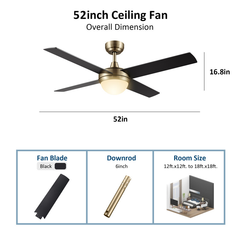 Edelbert 52'' Ceiling Fan with LED Lights, Black, Gold