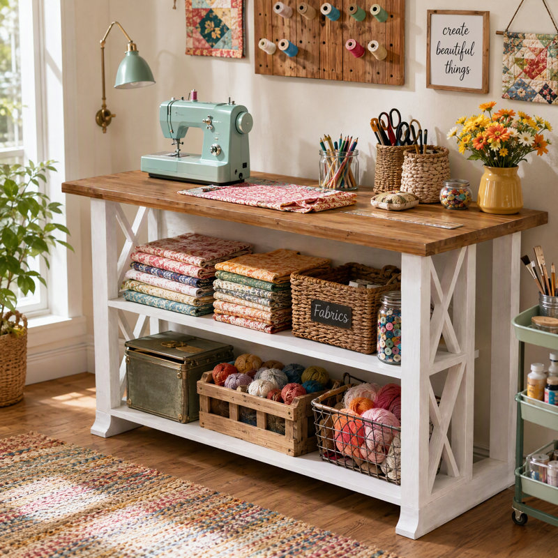 63" Artwork Craft Table with Storage, Solid Wood Sewing Worktable,Farmhouse Craft Room Table with X-Shaped Frame, 2 Open Storage Shelves, Counter Height Sewing Workstation,Brown and White