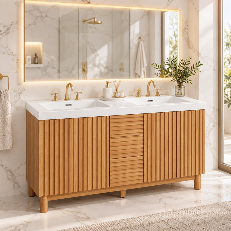 Meuble-lavabo cannelé de 150 cm avec double lavabo en SMC, 4 portes et 3 tiroirs, pieds en bois massif