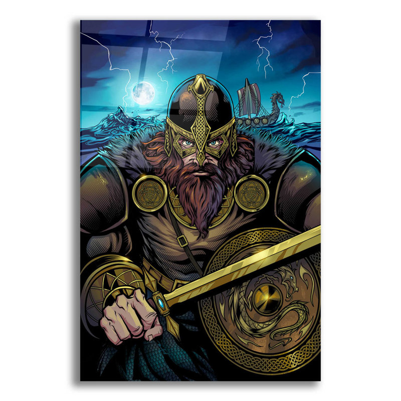 «Viking Sword and Shield Moonlight On Plastique / Acrylique» par Flyland Designs Print, H 16 po x l 12 po x P 0,13 po
