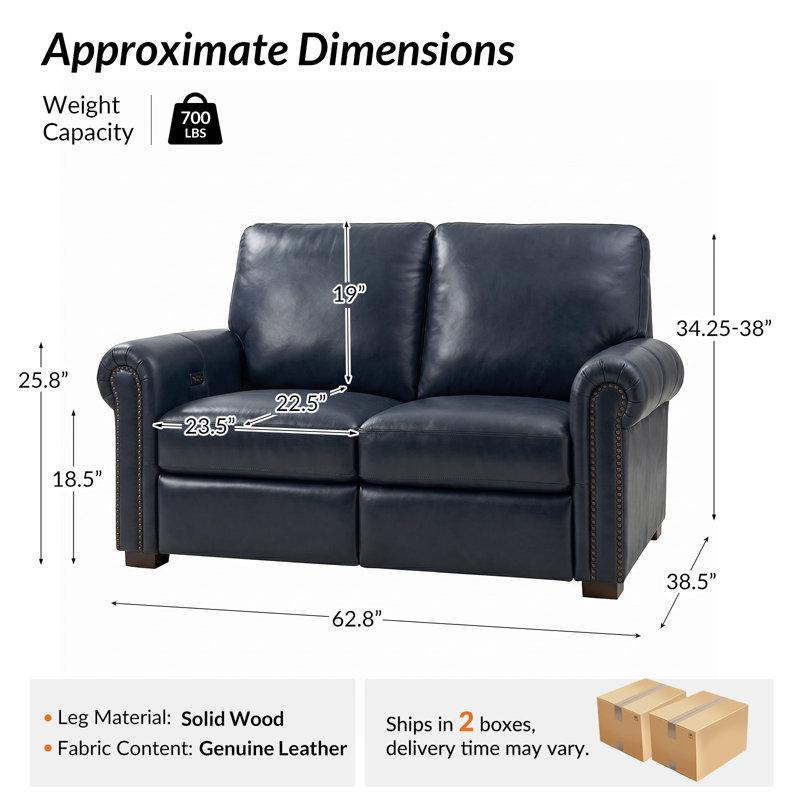 Canapé inclinable électrique en cuir véritable rembourré de duvet véritable 62,8 po, Marine