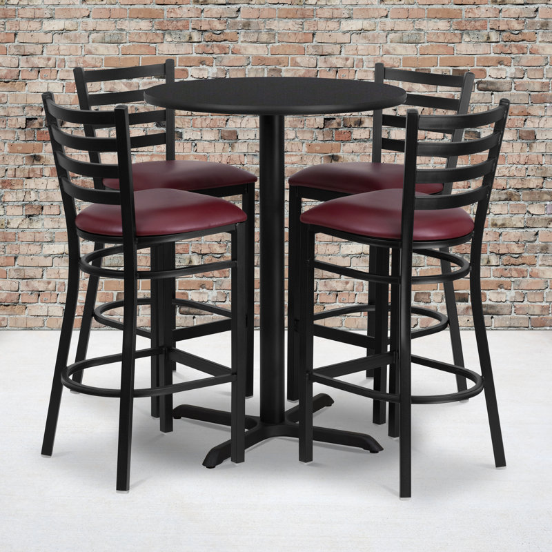 Black Round Laminate Pub Table Set with 4 Burgundy Vinyl Bar Stools