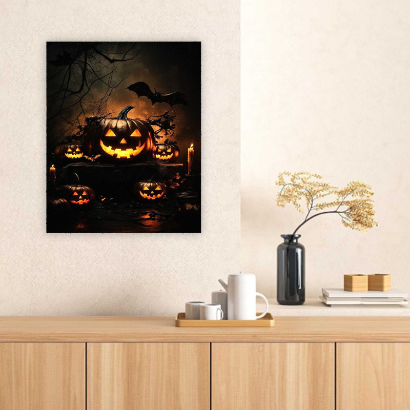 Lanterne noire citrouille rougeoyante avec des sourires effrayants, impression sur toile, art mural de qualité supérieure pour le salon, 32 x 24 po