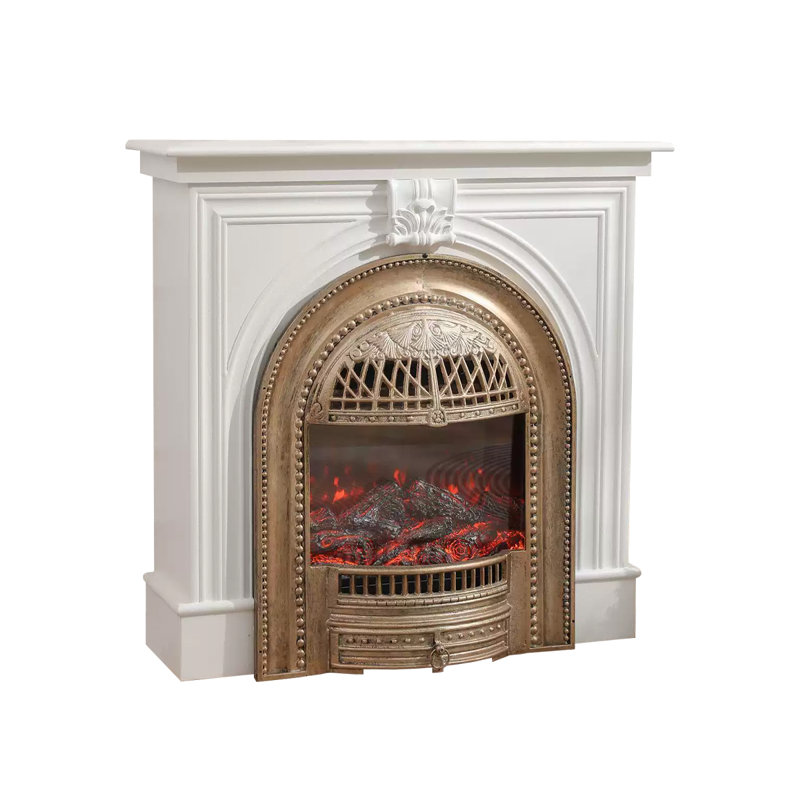 White Gold Solid Wood Freestanding Fireplace, White/Gold