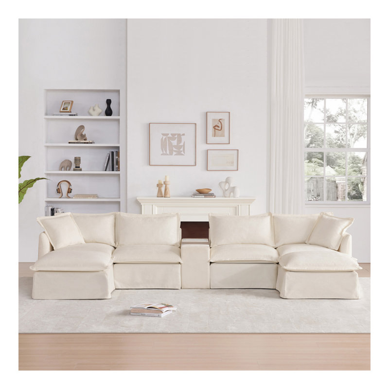 Canapé modulaire de 131 po avec repose-pieds mobile et console, porte-gobelet, siège large, canapé à 6 places en forme de U, canapé surdimensionné en chenille avec chargeur USB pour le salon, appartement, 2 couleurs