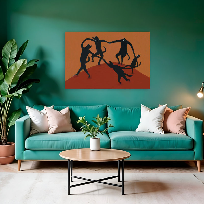 Dancing Black Cats Playful Whimsical Contemporary Cat Wall Art, 32" H x 48" W