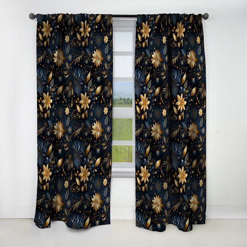 Motif de marbre bleu minuit et doré à motif floral - Rideau occultant en marbre abstrait - 1 panneau, L 52 po x L 120 po