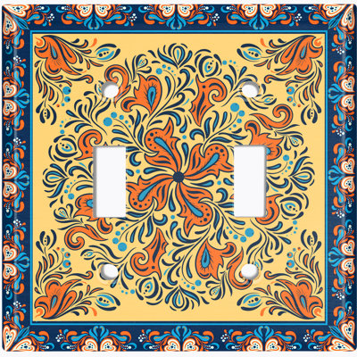 Metal Light Switch Plate Outlet Cover (Teal Elegant Flower Blue Frame Tile  - Double Toggle)