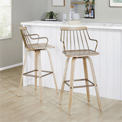 Fixed-Height Barstool With Swivel In Whitewashed Wood And Antique Copper Metal With Square Antique Copper Metal Footrest