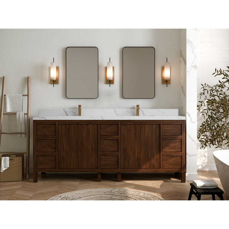 Elizabeth 84" Light Brown Teak Double Sink Bathroom Vanity with Calacatta Quartz Top