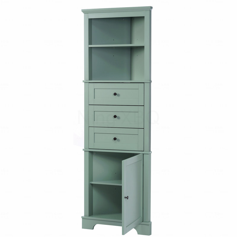 Armoire haute triangulaire avec 3 tiroirs et tablettes réglables pour la salle de bain, la cuisine ou le salon, panneau de fibres à densité moyenne avec finition peinte