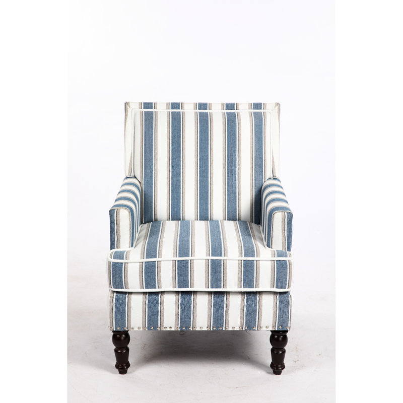 Chaise d'appoint de salon avec revêtement en lin rayé bleu et blanc, garniture cloutée de fauteuil rétro, confortable pour la pièce, confortable et durable