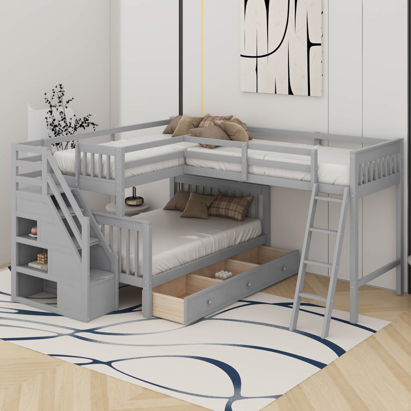 Twin Over Full L-Shaped Bunk Bed With Drawers, Twin, Gray
