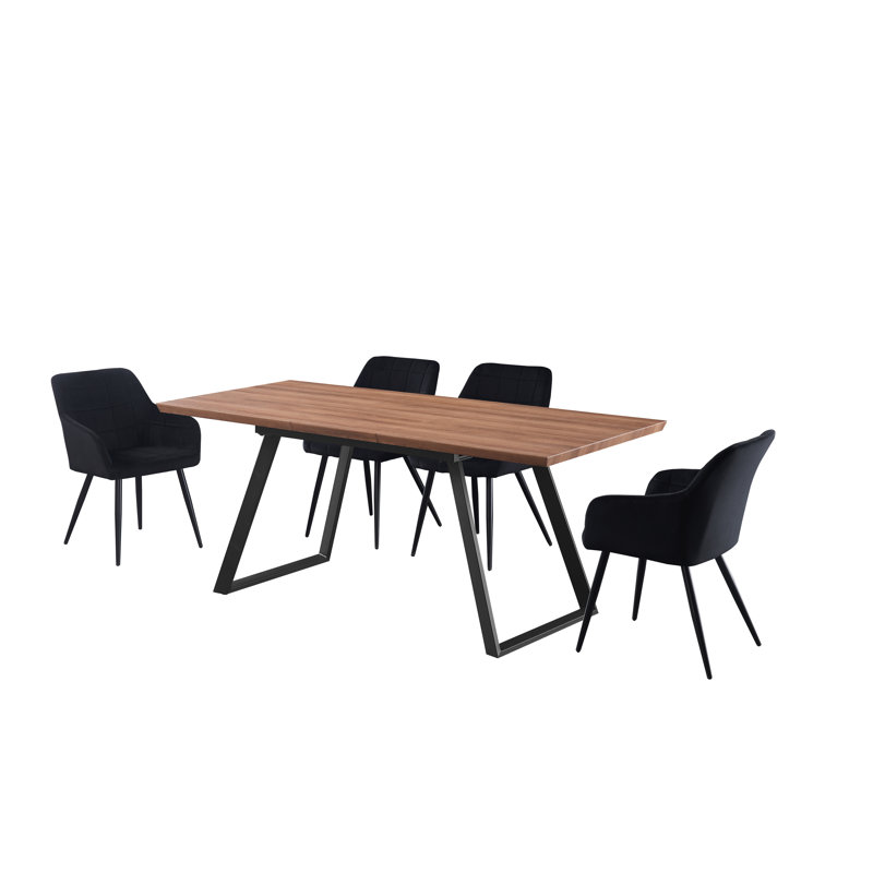 Yerres 4 Person Dining set - a Rectangular Extendable Dining Table with Metal Legs and a Set of 4 Quilted Velvet Dining Chairs for Dining Room - Modern Dining Table Set