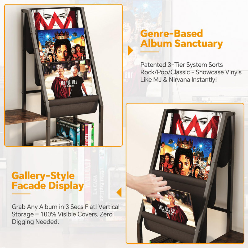 Record Player Stand With Vinyl Storage, Fits 200 Albums, Rustic Brown